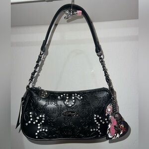 Ed Hardy Black Embossed Studded Shoulder Bag with Charms